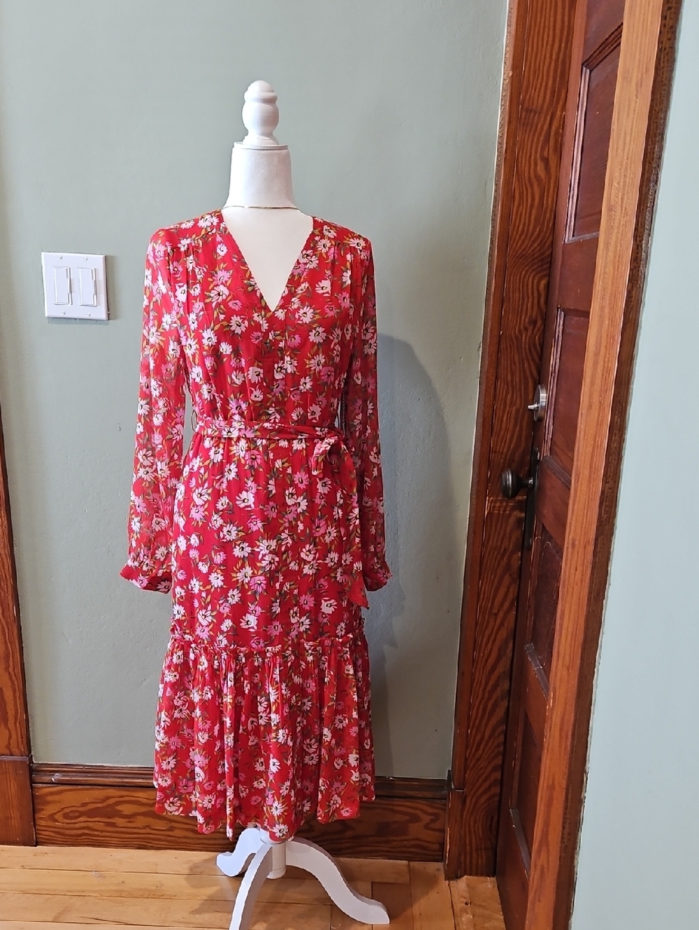 Draper James Red Floral V-Neck Long Sleeve Tiered Wrap Dress